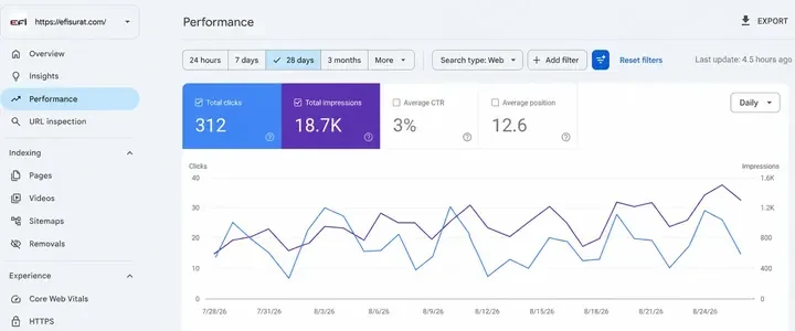Search Console report for EFI Surat: 18.7K impressions in 28 days